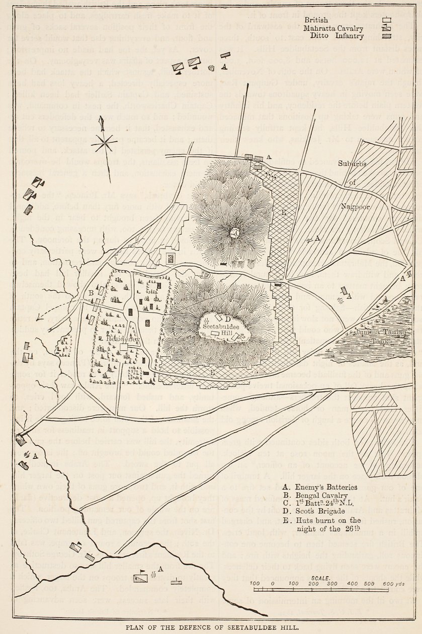 Plan der Verteidigung des Seetabuldee-Hügels, Illustration aus Cassells Illustrierter Geschichte Indiens von James Grant, veröffentlicht 1879 von English School