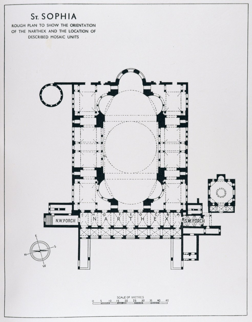 Plan zur Darstellung der Ausrichtung des Narthex und beschriebener Mosaikeinheiten, aus The Mosaics of Haghia Sophia at Istanbul von Thomas Whittemore von English School