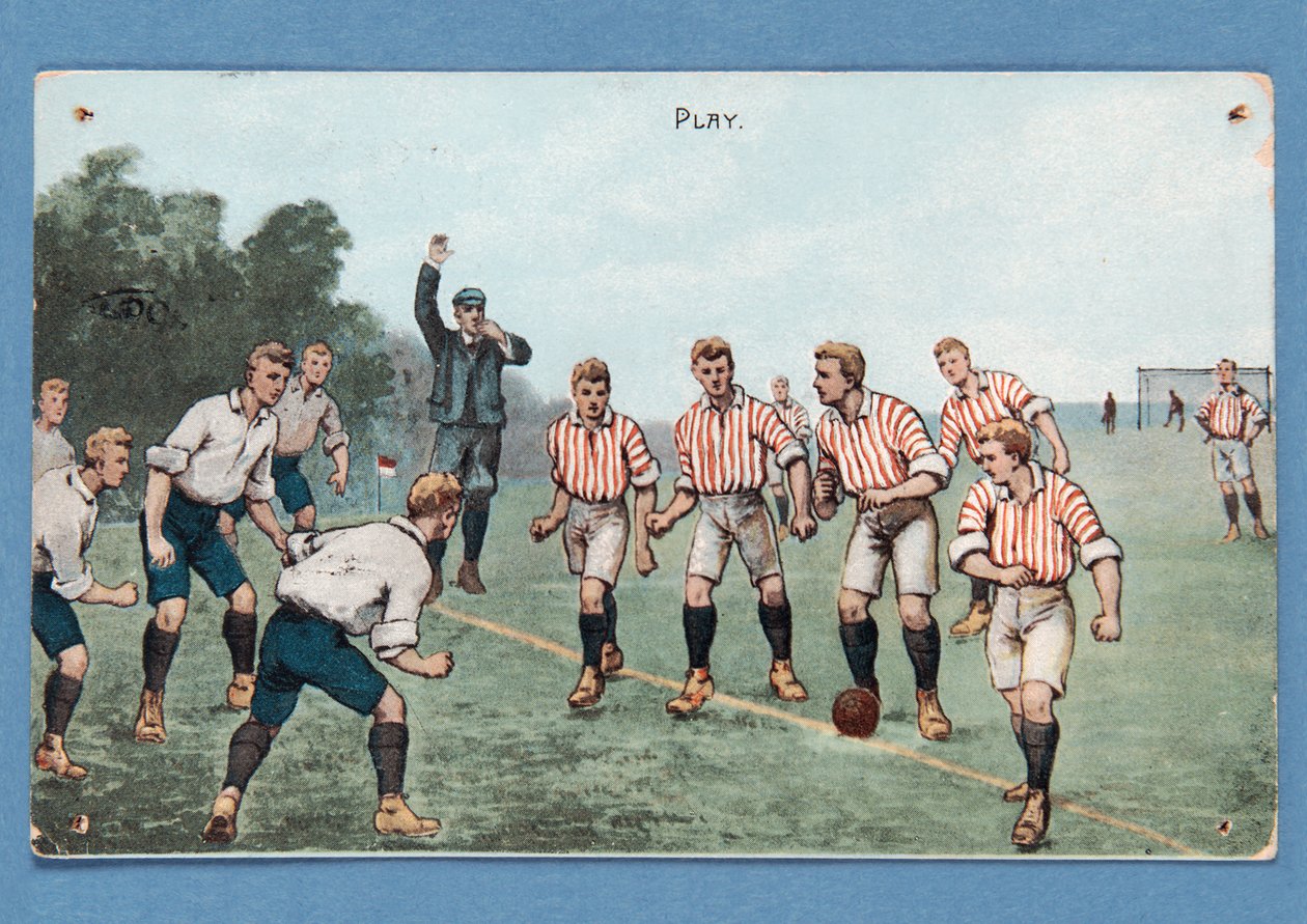 Spiel, Postkarte, die ein Fußballspiel darstellt von English School