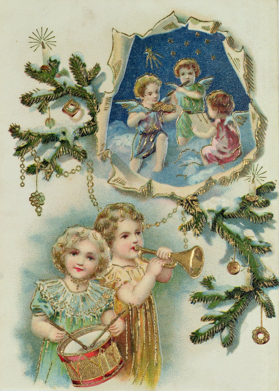 Musikinstrumente spielen, Viktorianische Weihnachtskarte von English School