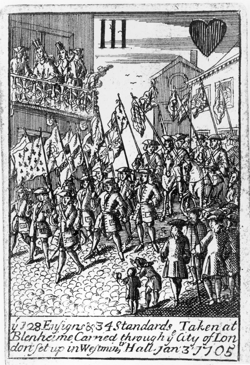 Spielkarte, die die Ensigns und Standards zeigt, die bei Blenheim erbeutet und durch die Stadt London getragen wurden, 3. Januar 1705 von English School