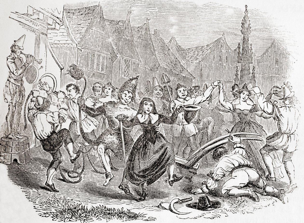 Plough Monday Feierlichkeiten, der Tanz von Bessie und dem Clown, aus "Old England: A Pictorial Museum", veröffentlicht 1847 von English School