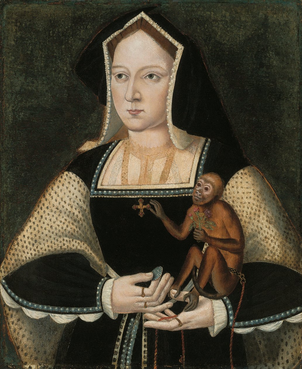 Porträt von Katharina von Aragon (1485-1536), Königin von England, halblang, in einem schwarz-weißen Kleid mit einem Anhängerkreuz, hält einen Marmoset und eine Münze von English School