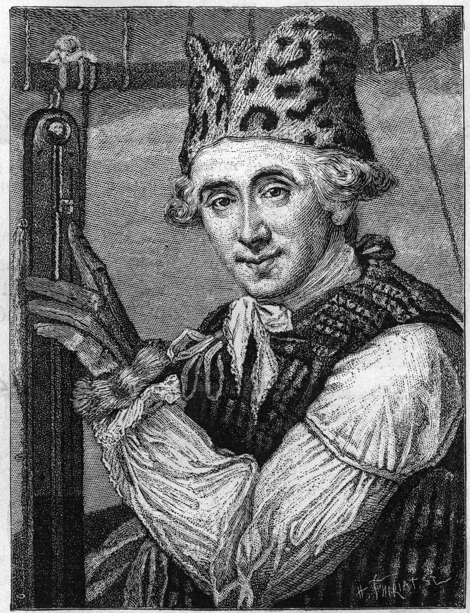 Porträt von John Jeffries (1745-1819), amerikanischer Physiker. Er wurde in dem aeronautischen Anzug dargestellt, den er 1785 trug, als er den Ärmelkanal in einem Heißluftballon überquerte. (Nach einer englischen Gravur, veröffentlicht 1786). (Tissandier-S von English School