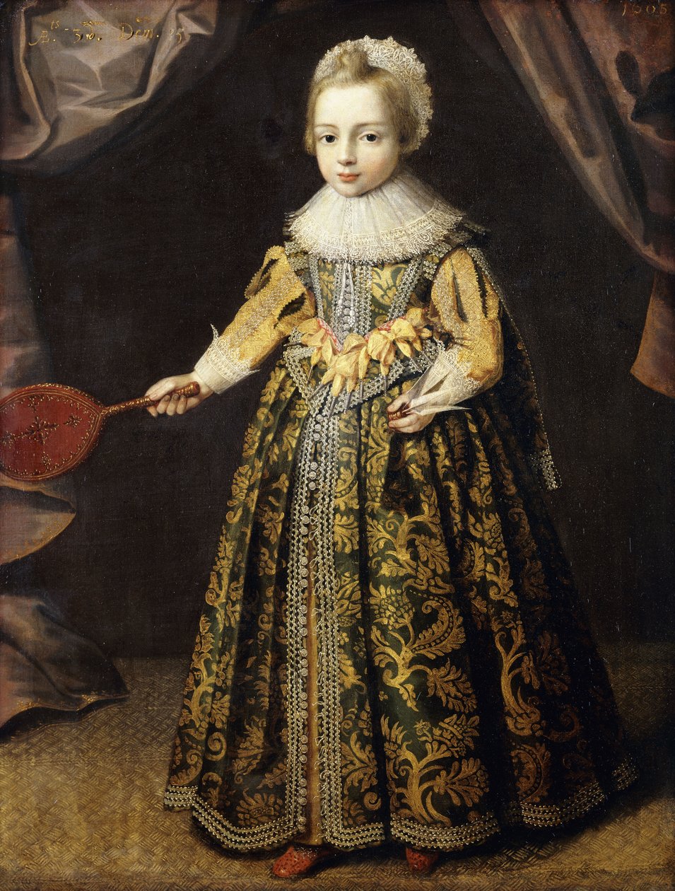 Porträt eines Jungen, 3 Jahre alt, in einem grünen Kleid mit Goldstickerei, einer Spitzenkappe und einer Halskrause, hält einen Federballschläger und einen Federball, 1605 von English School