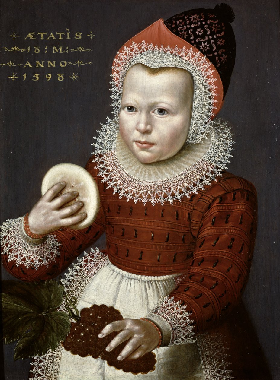 Porträt eines jungen Mädchens, das Brot und Trauben hält, 1598 von English School