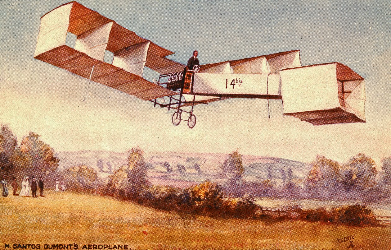 Postkarte mit dem Santos-Dumont 14-bis Flugzeug von English School