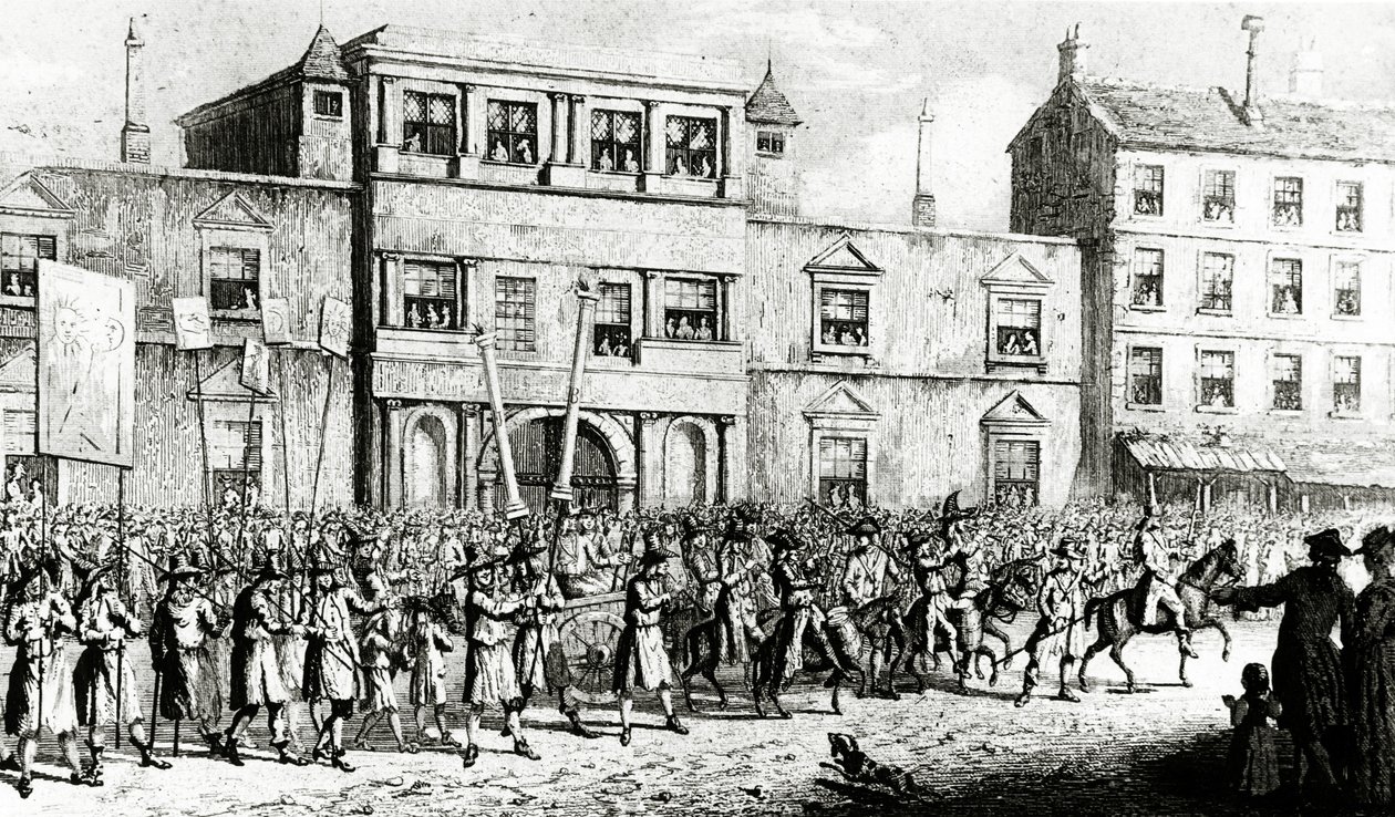 Prozession von 1741 in London, die sich über Freimaurer lustig macht, 1843 von English School
