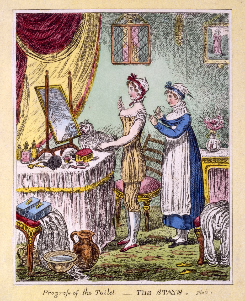 Fortschritt der Toilette - Die Korsetts Platte 1, veröffentlicht von McCleary, London, 1810 (handkolorierte Gravur) von English School