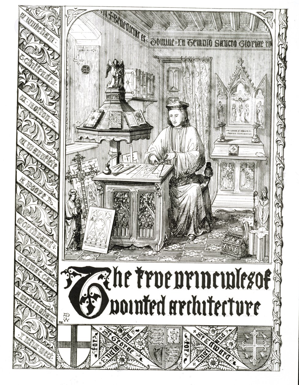 Pugin bei der Arbeit, Frontispiz aus Wahre Prinzipien der spitzen oder christlichen Architektur, von Augustus Welby Northmore Pugin (1812-52) von English School