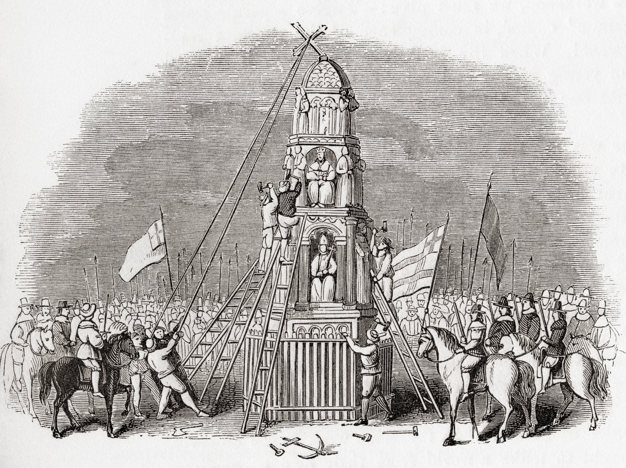 Puritaner zerstören das Cheapside Cross alias Eleanor Cross, London, England im Jahr 1643, aus Old England: A Pictorial Museum, veröffentlicht 1847 von English School