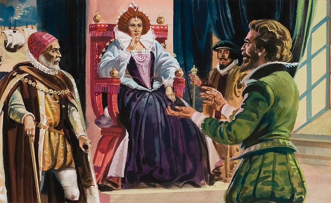 Königin Elizabeth I (1533-1603) und Sir Francis Drake (1540-96) von English School