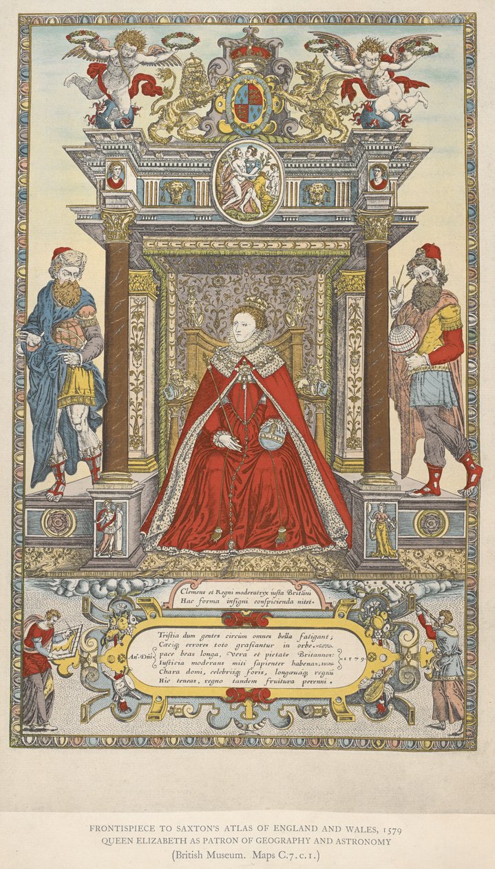 Königin Elizabeth als Schirmherrin der Geographie und Astronomie. Frontispiz zu Saxtons Atlas von England und Wales von 1579 von English School