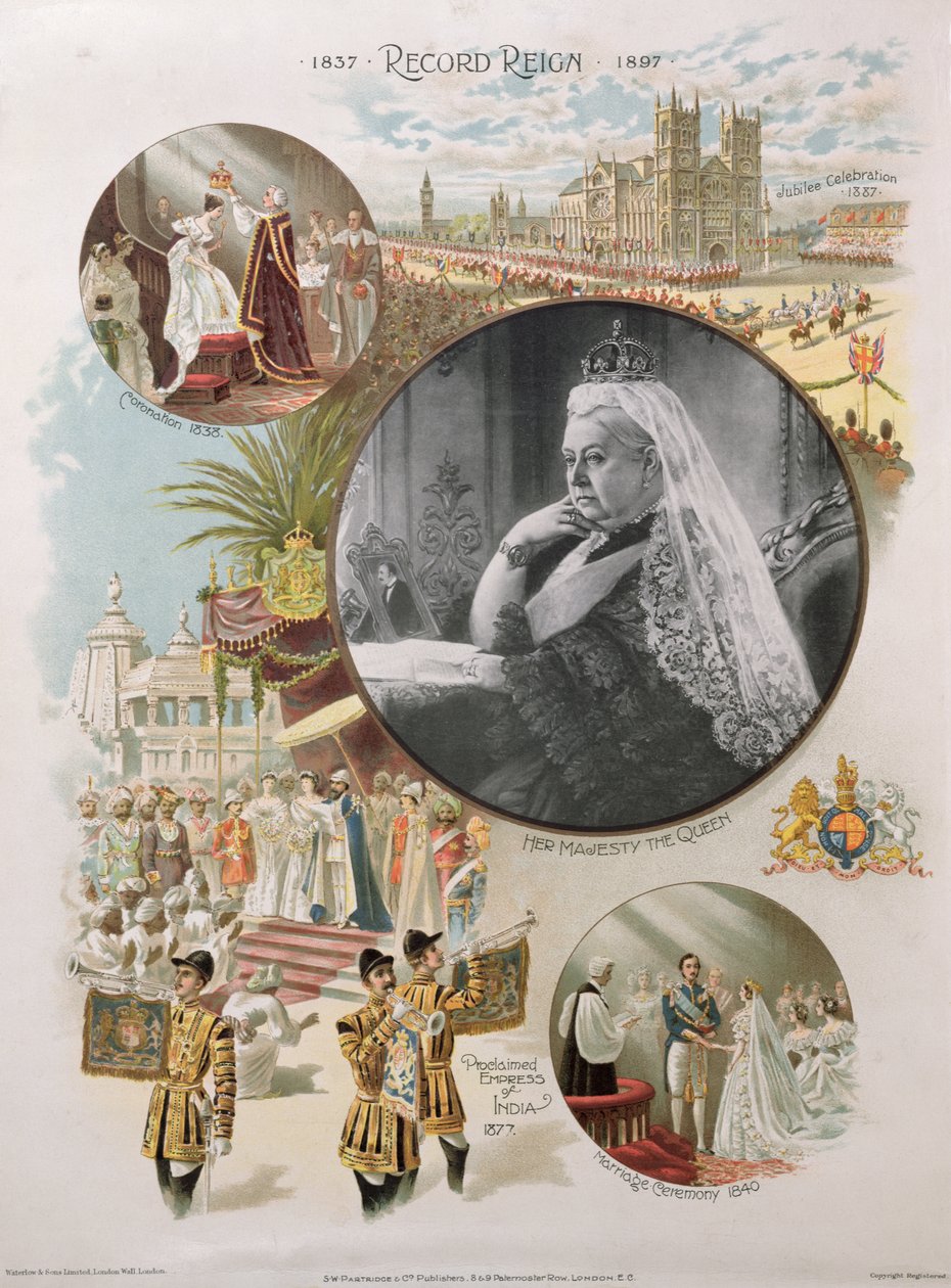 Königin Victoria (1819-1901) zur Zeit ihres Diamantenen Jubiläums 1897 zusammen mit einigen der wichtigsten Ereignisse ihres Lebens, 1897 von English School