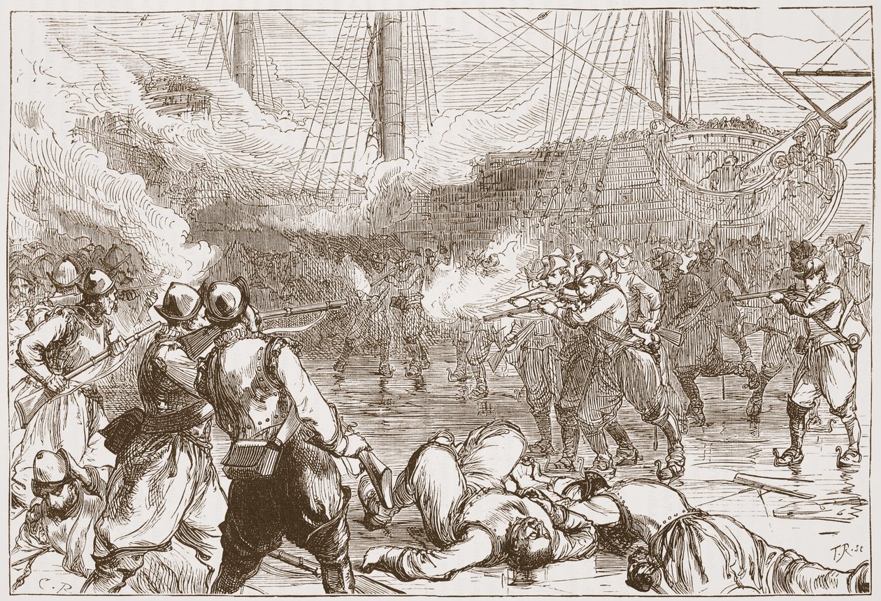 Zurückweisung der spanischen Soldaten in Amsterdam, Illustration aus Die Geschichte des Protestantismus von James Aitken Wylie, veröffentlicht 1878 von English School