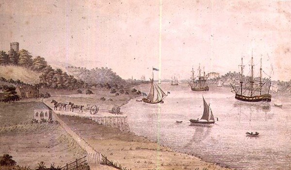 Flusslandschaft mit Schiffen und der Dover-Kutsche, ca. 1800 von English School