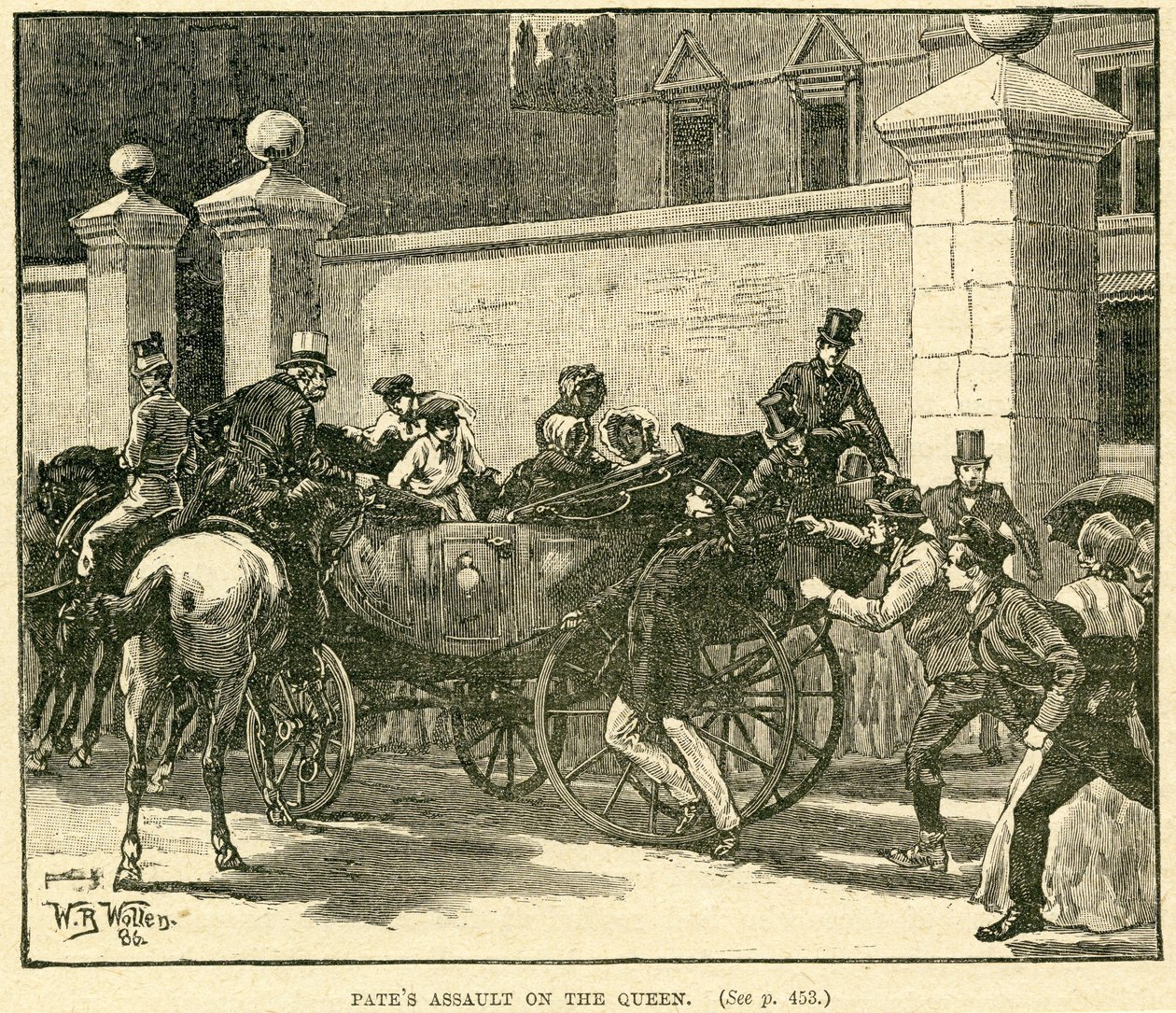 Robert Pates schlägt die Königin vor dem Cambridge House, Illustration aus The Life and Times of Queen Victoria, Vol. II von Robert Wilson, 1888 von English School
