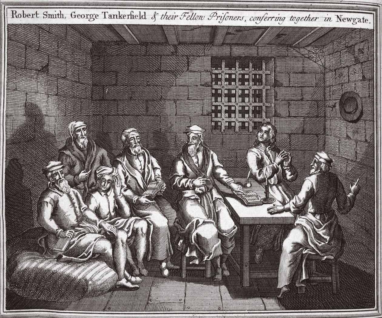 Robert Smith, George Tankerfield und ihre Mitgefangenen, die in Newgate miteinander konferieren, Illustration aus Foxes Märtyrer, ca. 1703 von English School
