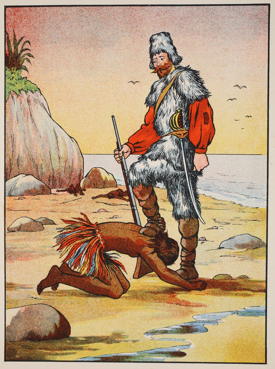 Robinson Crusoe und Freitag, Illustration aus Die Geschichte von Robinson Crusoe: Eine Adaption für Kinder nach Defoes Sprache, veröffentlicht von Griffith Farran Browne & Co. Limited, London von English School