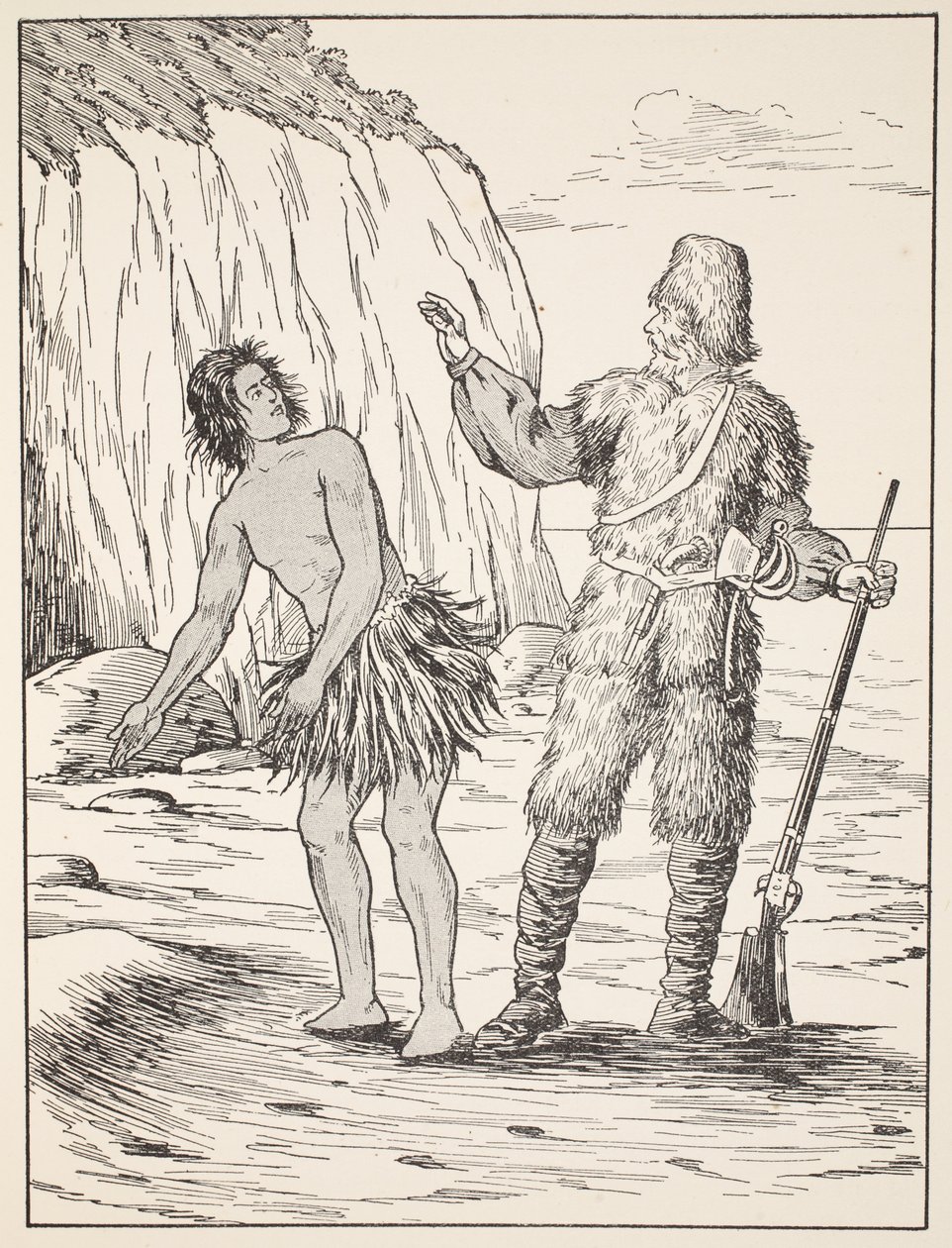 Robinson Crusoe und Freitag, Illustration aus Die Geschichte von Robinson Crusoe: Eine Adaption für Kinder nach Defoes Sprache, veröffentlicht von Griffith Farran Browne & Co. Limited, London von English School