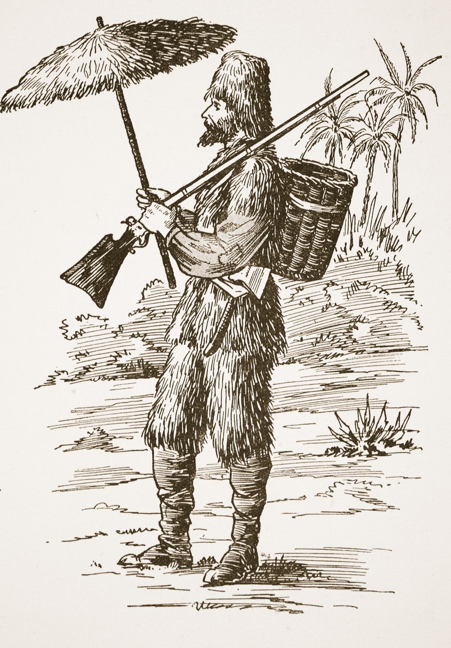 Robinson Crusoe, Illustration aus Die Geschichte von Robinson Crusoe: Eine Adaption für Kinder nach Defoes Sprache, veröffentlicht von Griffith Farran Browne & Co. Limited, London von English School