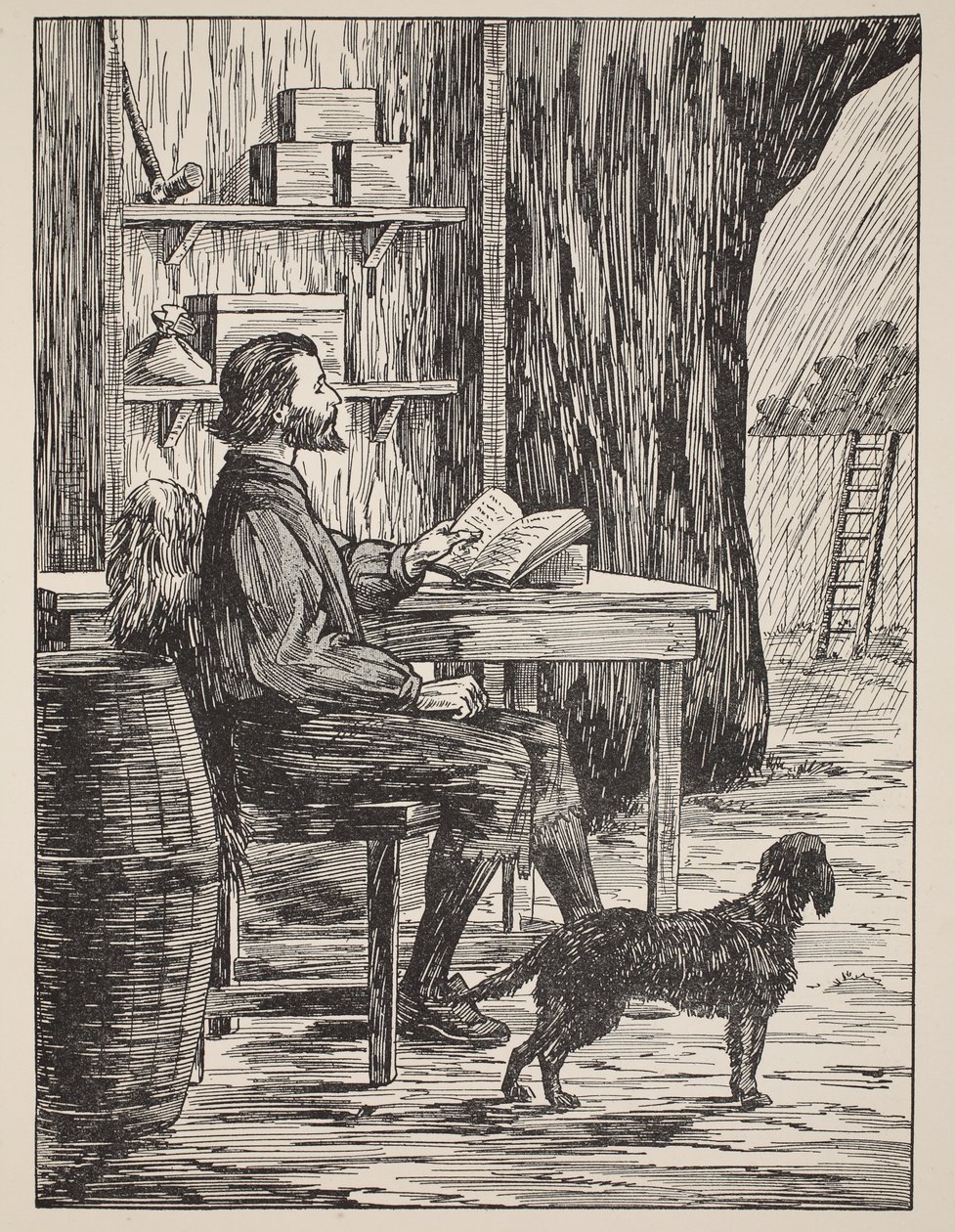 Robinson Crusoe in seiner Höhle, Illustration aus Die Geschichte von Robinson Crusoe: Eine Adaption für Kinder nach Defoes Sprache, veröffentlicht von Griffith Farran Browne & Co. Limited, London von English School