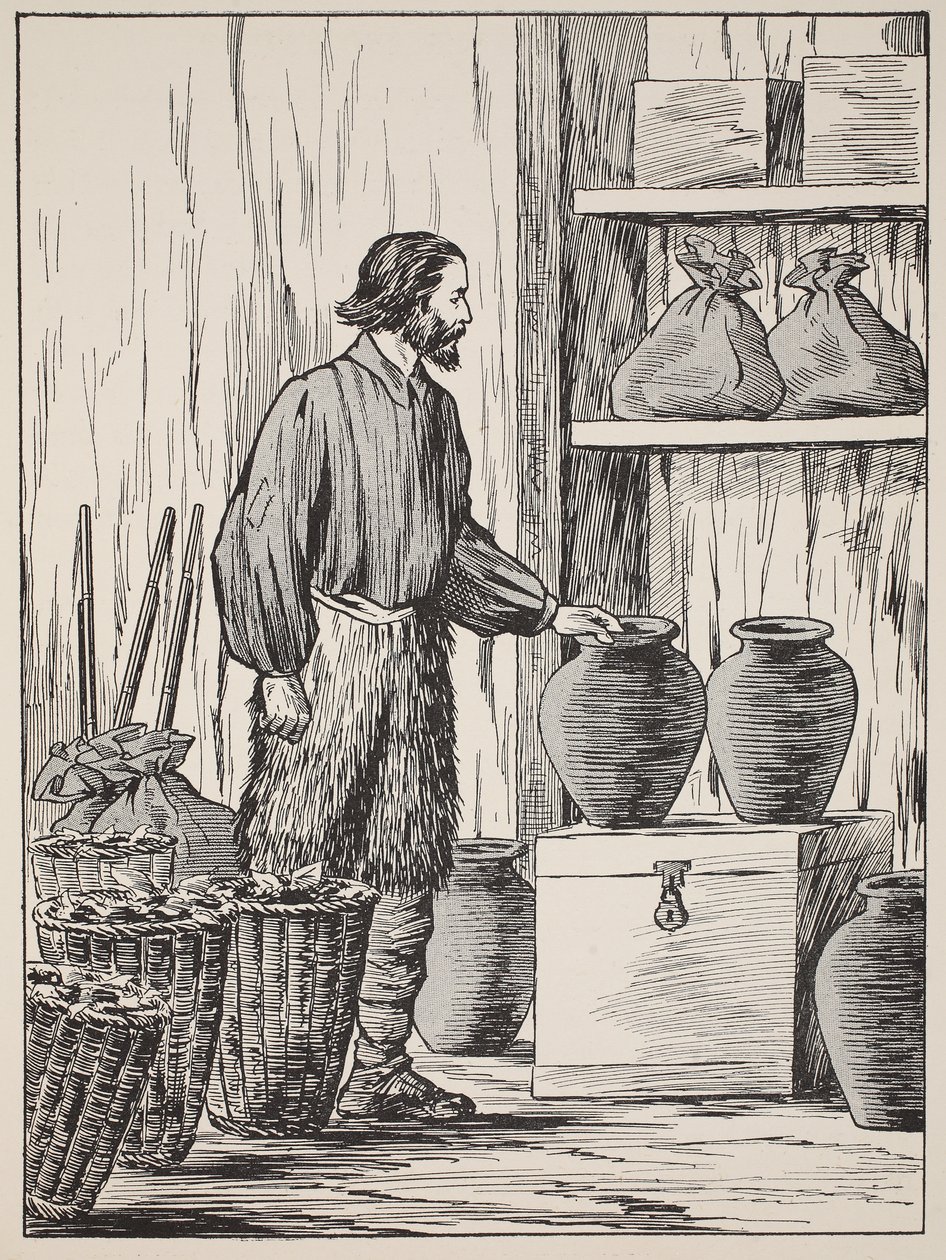 Robinson Crusoe in seinem Lagerraum, Illustration aus Die Geschichte von Robinson Crusoe: Eine Adaption für Kinder nach Defoes Sprache, veröffentlicht von Griffith Farran Browne & Co. Limited, London von English School