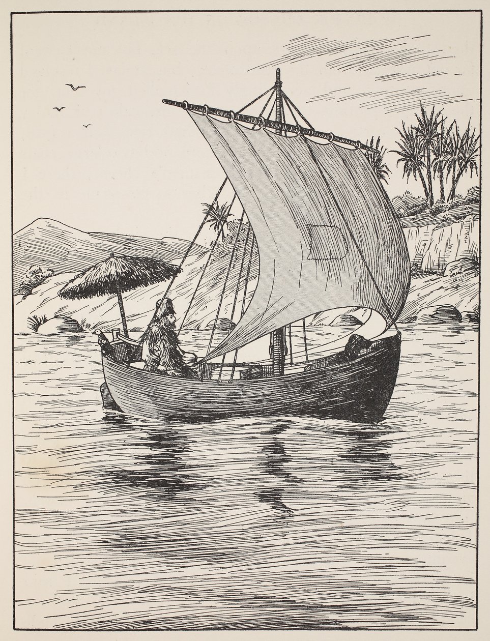 Robinson Crusoe auf seinem Boot, Illustration aus Die Geschichte von Robinson Crusoe: Eine Adaption für Kinder nach Defoes Sprache, veröffentlicht von Griffith Farran Browne & Co. Limited, London von English School