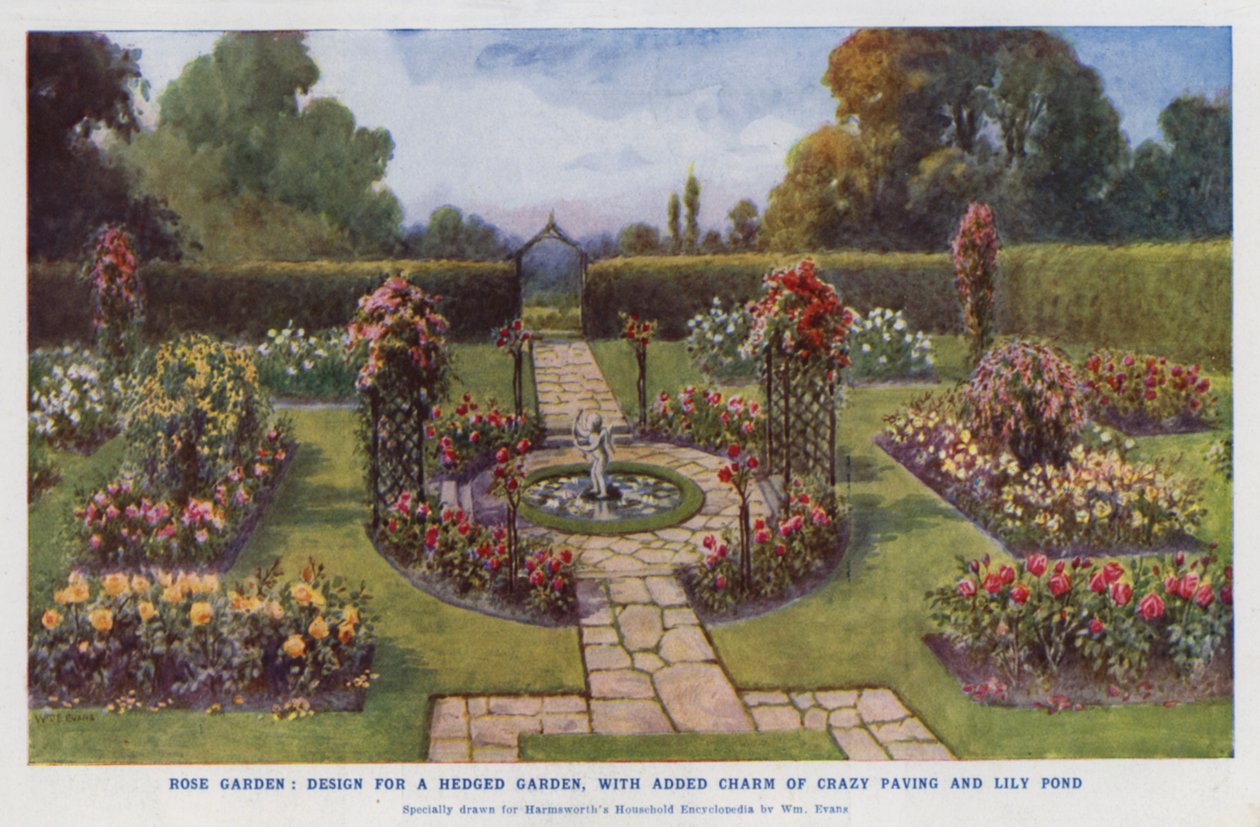 Rosengarten, Entwurf für einen umhegten Garten, mit zusätzlichem Charme von verrücktem Pflaster und Seerosenteich von English School