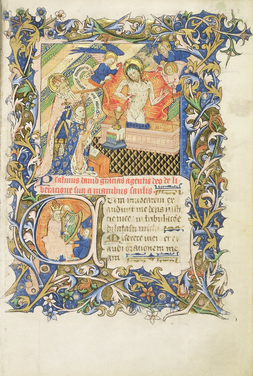 Gekrönte Figur, unterstützt von einem grau bärtigen Heiligen, der vor einem Bild der Barmherzigkeit kniet, aus dem Psalter von Humphrey Duke of Gloucester, ca. 1420-30 von English School