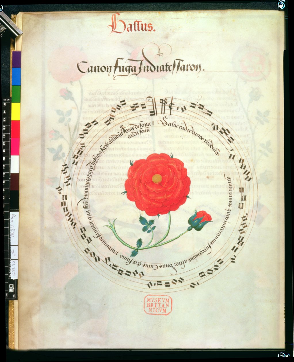Kanon, mit kreisförmigen Notenlinien und Rose in der Mitte, aus Motetten von Richard Sampson von English School