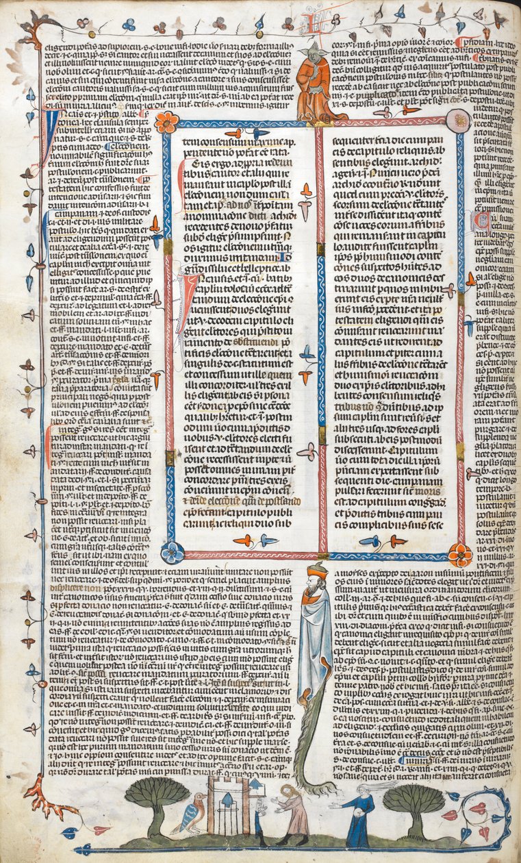 Text und Bas-de-page-Szene eines Mannes und einer Frau vor einem Gebäude, aus 