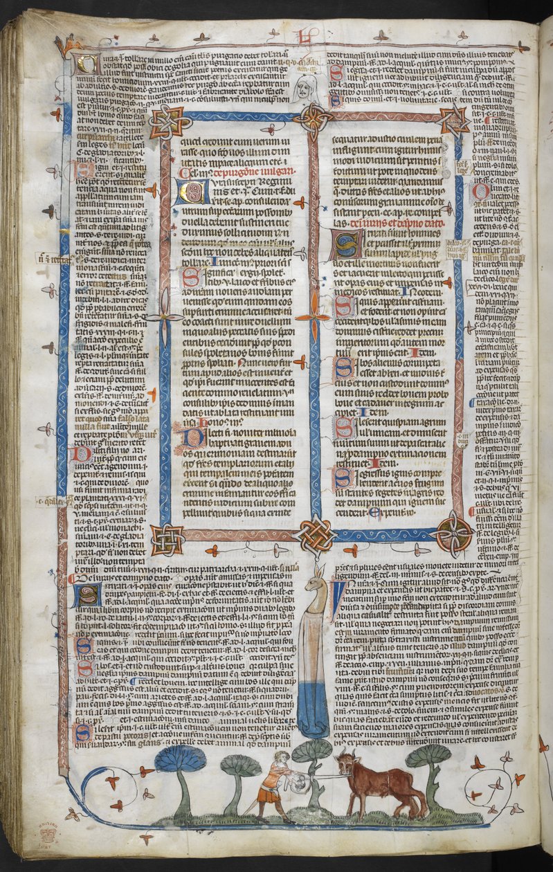 Königliche 10 E IV fol. 294v Mann greift einen Ochsen an, aus den Smithfield-Dekretalen (Dekretalen von Gregor IX), um 1340 von English School