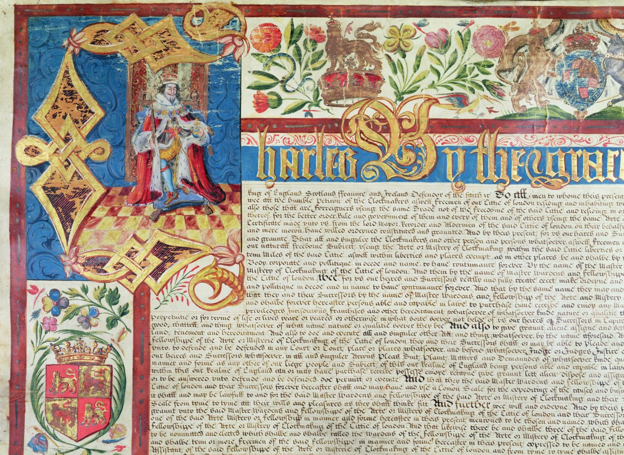 Königliche Charta für die Gesellschaft der Tuchmacher in der Regierungszeit von Karl II. (1630-85) (Detail) von English School