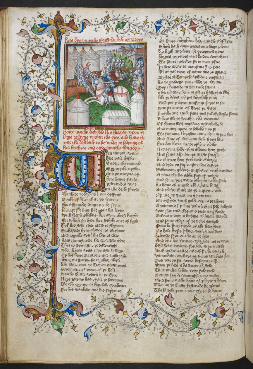 Royal MS 18 D II, f.66v, Miniatur von Hektor, der Patroklus tötet, mit einer illuminierten Initiale 