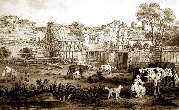 Ruiniertes Herrenhaus mit melkenden Kühen, ca. 1800 von English School