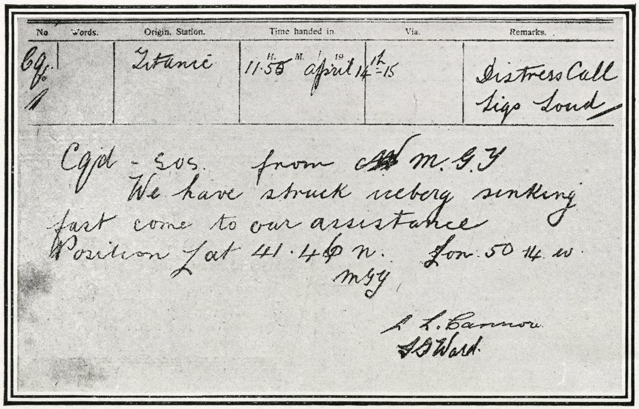 SOS-Nachricht, die vom russischen Dampfer Birma etwa fünf Minuten nach dem Zusammenstoß der Titanic mit einem Eisberg am 15. April 1912 empfangen wurde, aus "The Sphere", 04. Mai 1912 von English School
