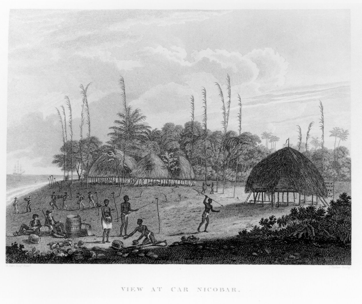 Matrosen sammeln Vorräte in Car Nicobar, aus Reisen und Reisen nach Indien, Ceylon, Das Rote Meer... von George, Viscount Valentia, veröffentlicht 1809 von English School