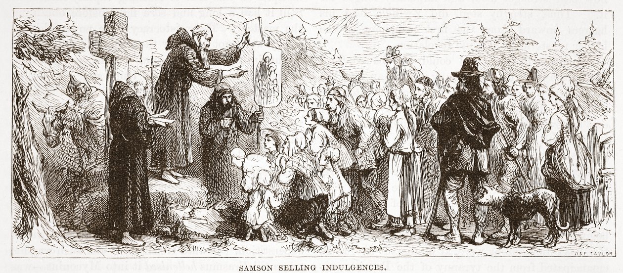 Samson verkauft Ablässe, Illustration aus Die Geschichte des Protestantismus von James Aitken Wylie, veröffentlicht 1878 von English School