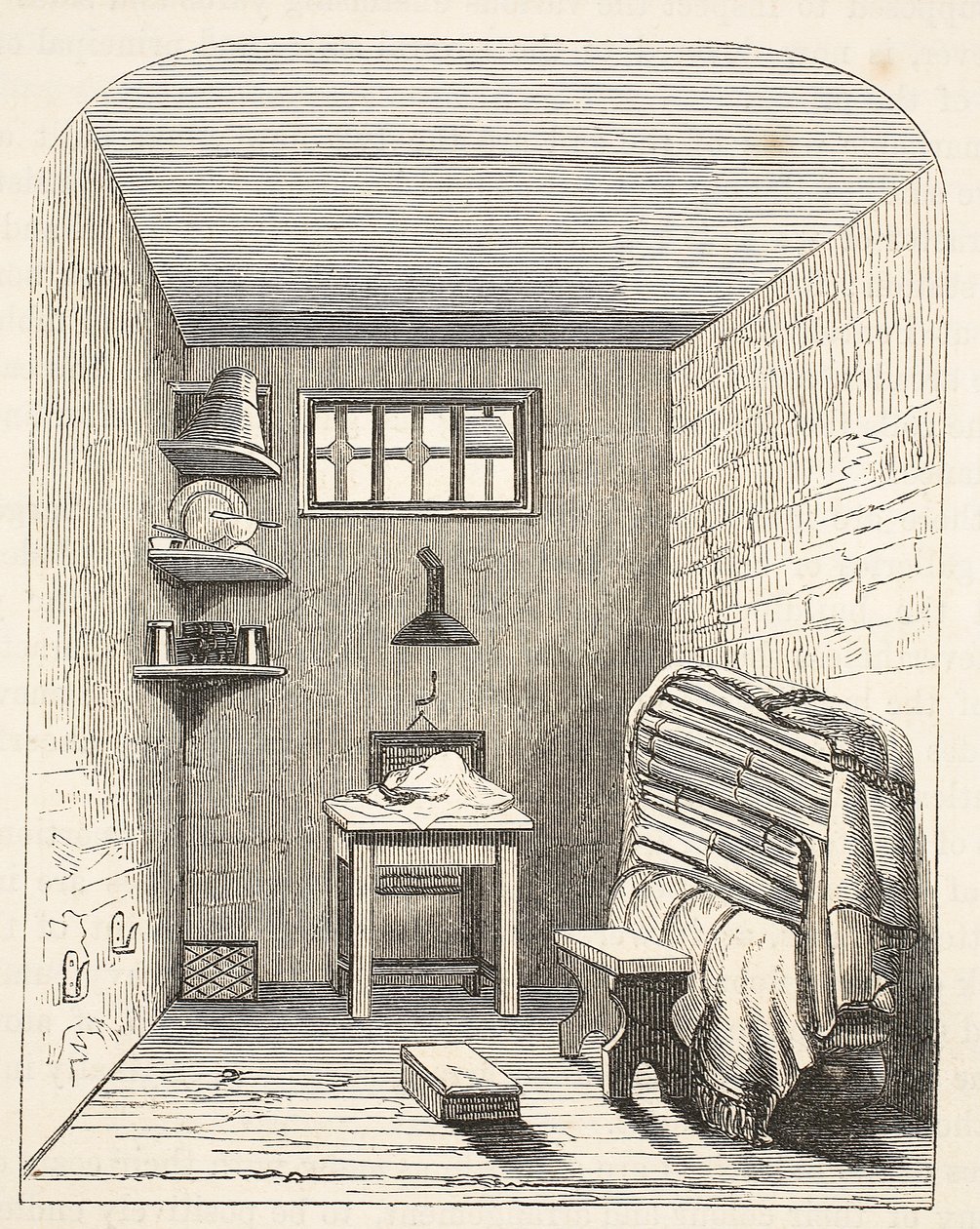 Separate Zelle im alten Teil des Gefängnisses von Brixton, Illustration aus The Criminal Prisons of London and Scenes from Prison Life von Henry Mayhew und John Binny, veröffentlicht 1862 von English School