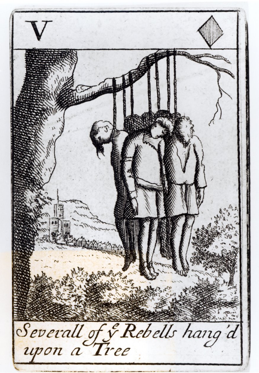 Mehrere Rebellen, die an einem Baum aufgehängt sind, Fünf-Herz-Spielkarte aus einem Set zur Erinnerung an Monmouths Rebellion im Jahr 1685 von English School