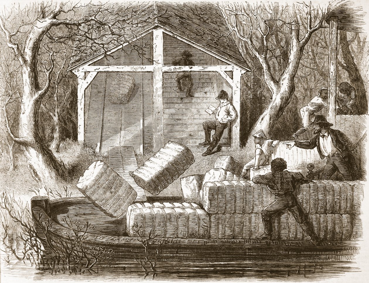 Schießen von Baumwollballen in den vorderen Teil des Flussdampfers Magnolia, Illustration aus The Illustrated London News, 1861 von English School