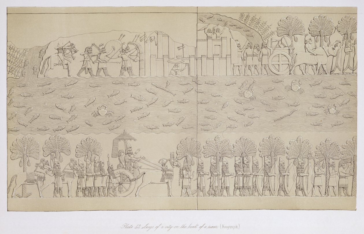 Belagerung einer Stadt am Flussufer, Tafel 42 aus Ninive und seine Überreste von Austen Henry Layard (1817-94) veröffentlicht 1849 von English School
