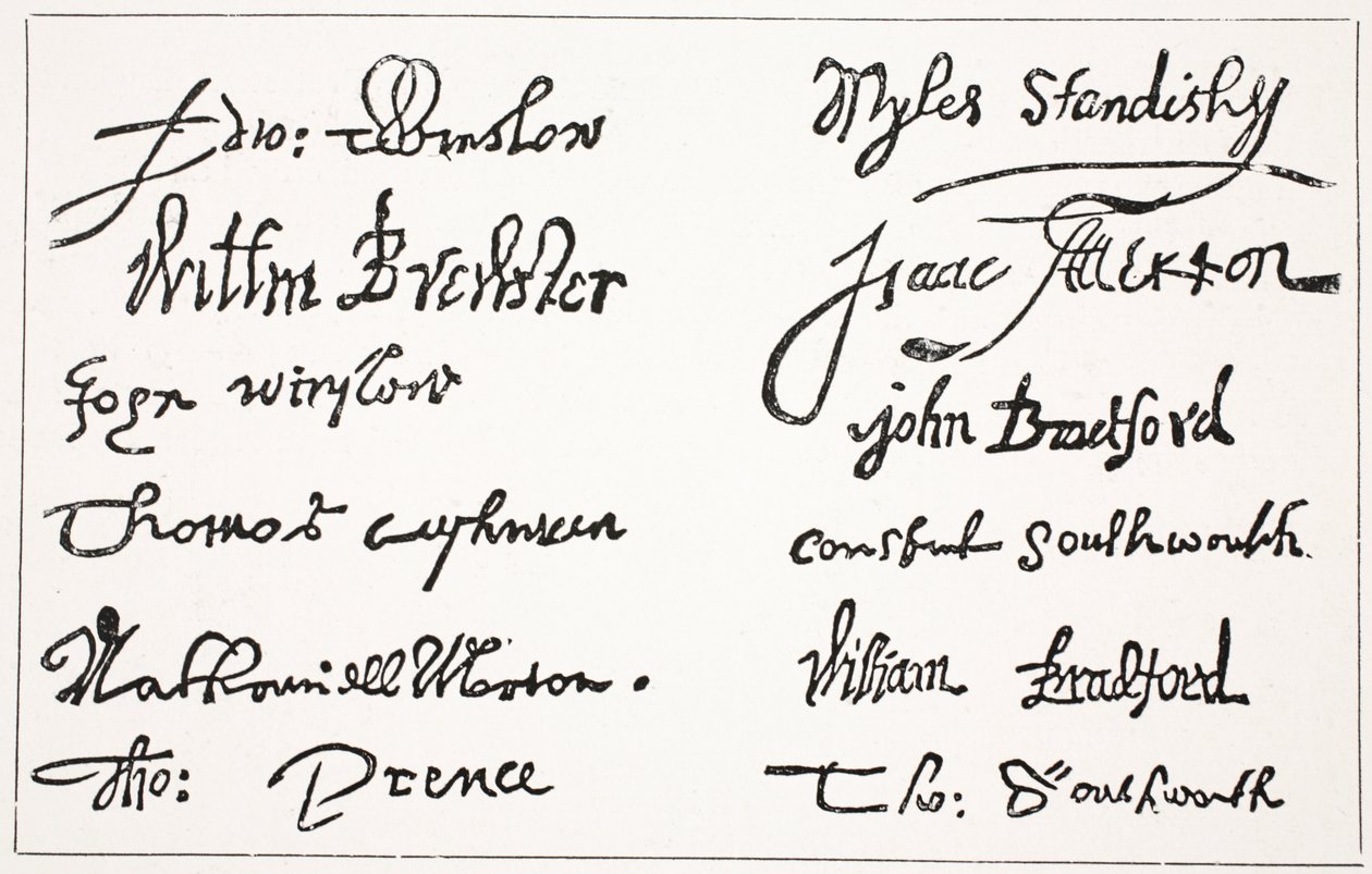 Unterschriften der Pilgerväter, Illustration aus Hutchinsons Geschichte der britischen Nation, ca. 1923 von English School