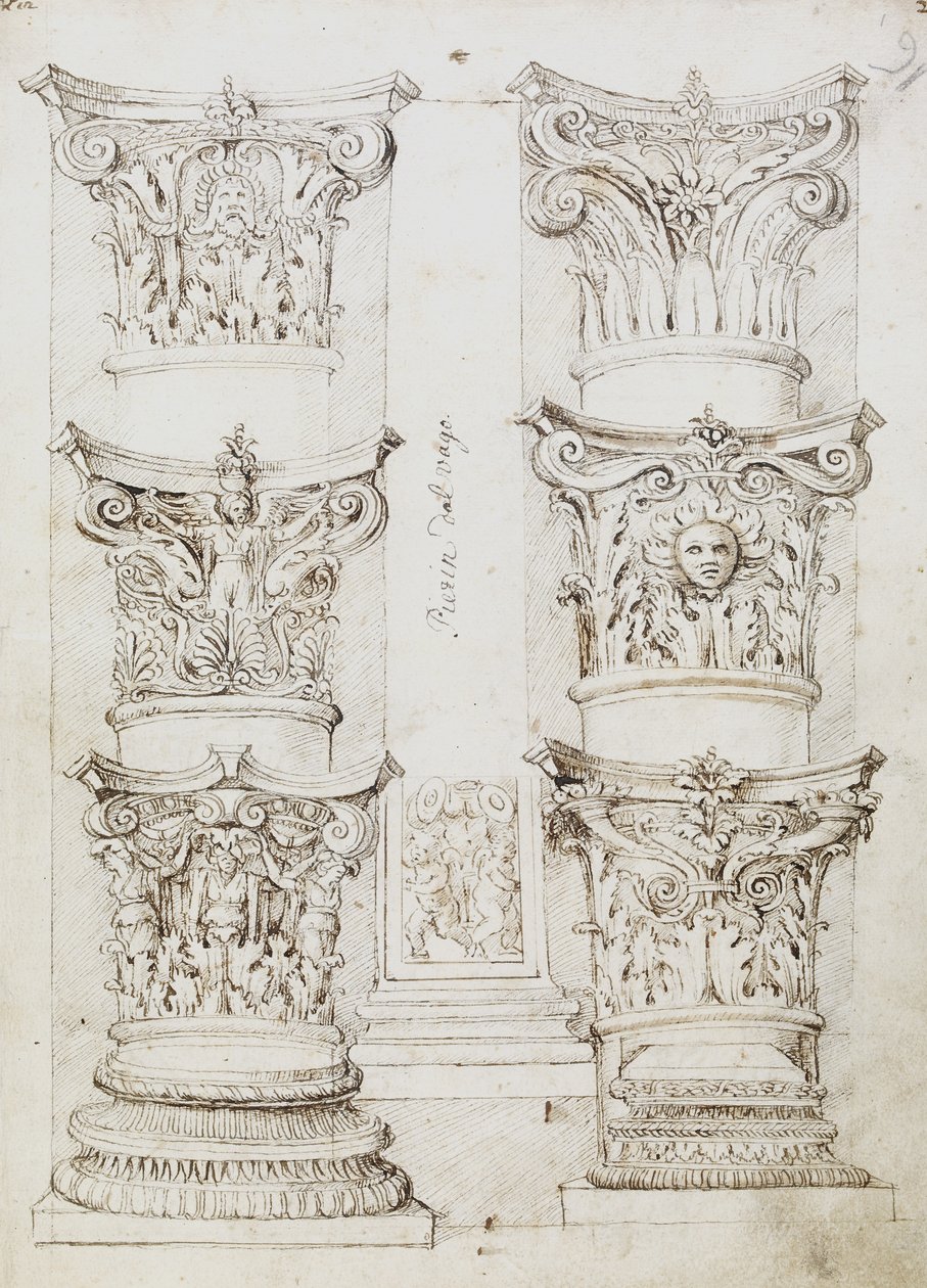 Sechs Kapitelle, eine Lesene und zwei Säulenbasen, Folio 1, Der Meister des Oxford Albums, ca. 1512-17 von English School