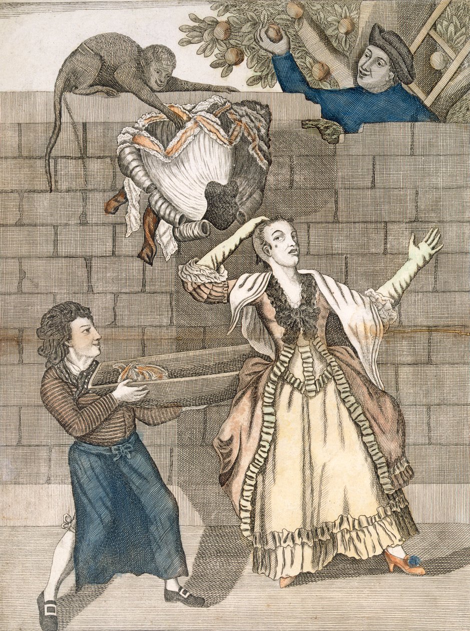 Slight of Hand by a Monkey or the Ladys Head Unloaded, nach einer Originalzeichnung von Grimm, gedruckt für Carington Bowles, London, veröffentlicht 1778 von English School