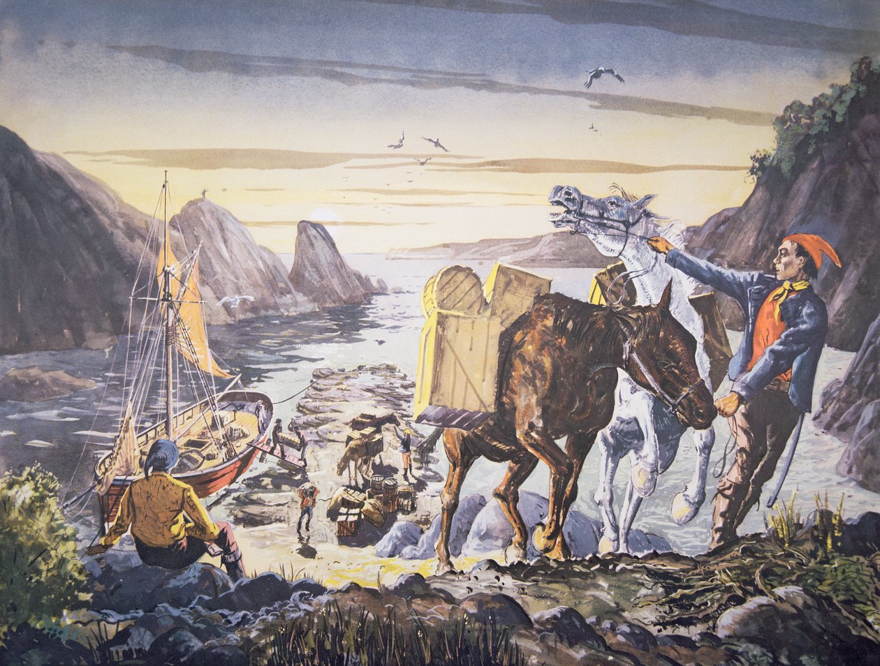 Schmuggler beladen ihre Ponys mit Schmuggelware für die Reise ins Landesinnere (Lithografie) von English School