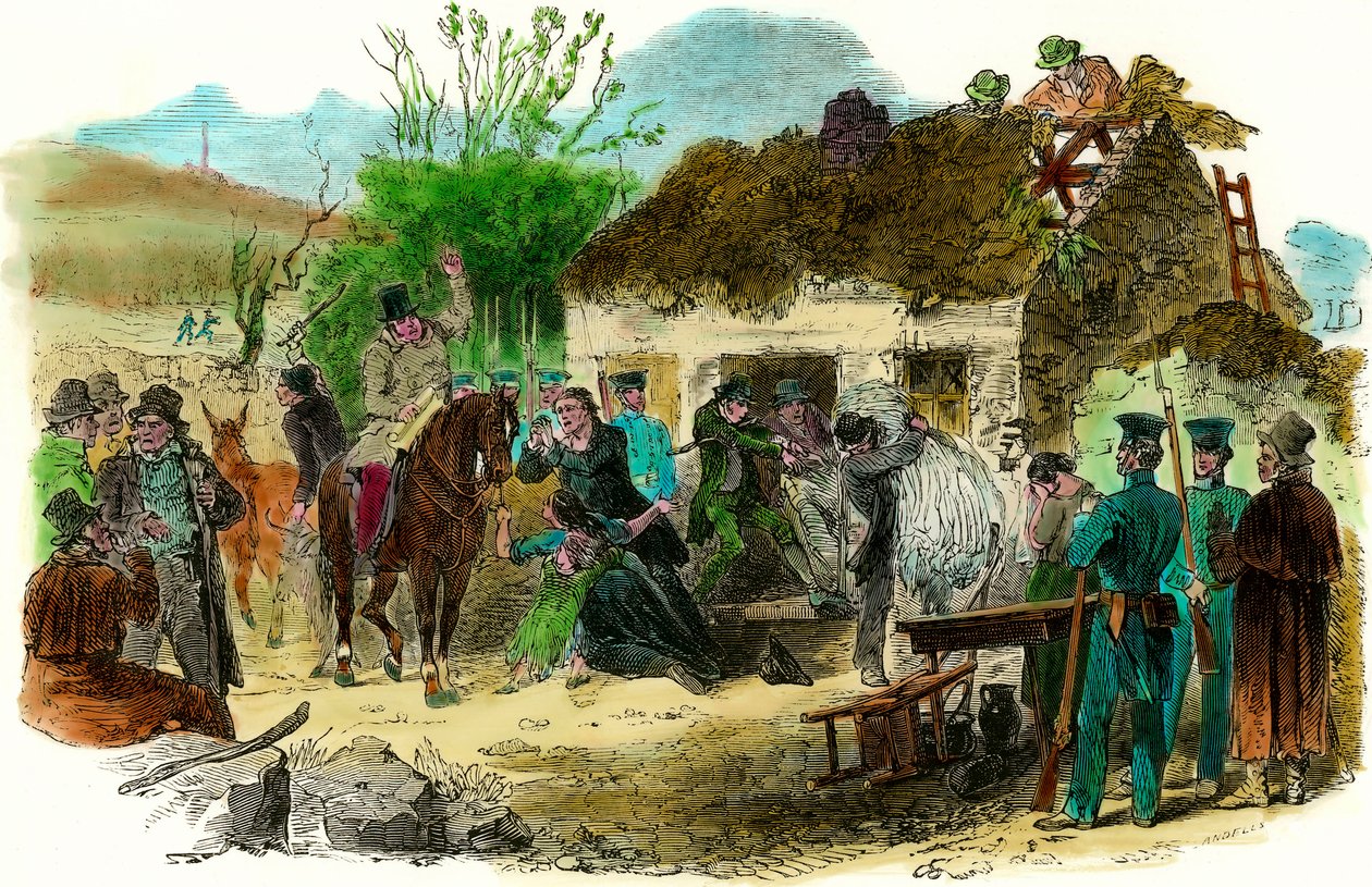 Soziale Bedingungen in Irland 1848 Vertreibung von Bauern (Illustration London News vom 16. Dezember 1848) von English School