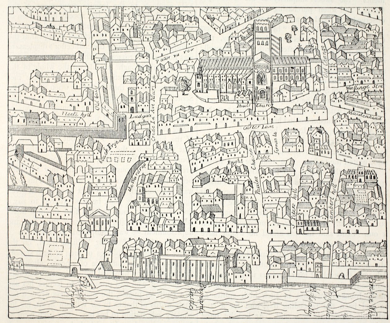 St. Pauls und Umgebung, aus Aggas Plan, 1563 von English School