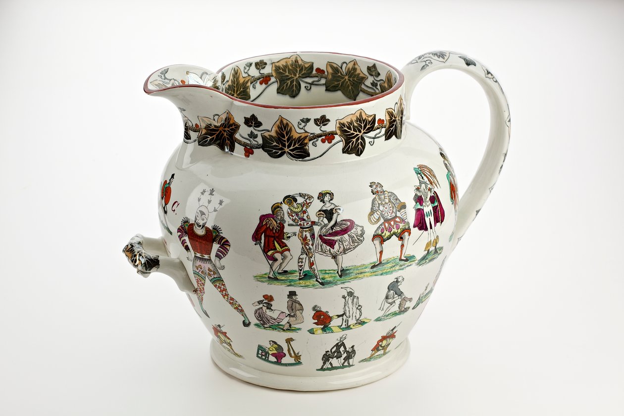 Staffordshire Krug mit Harlekinfiguren und Karnevalsthema dekoriert, 1866 von English School